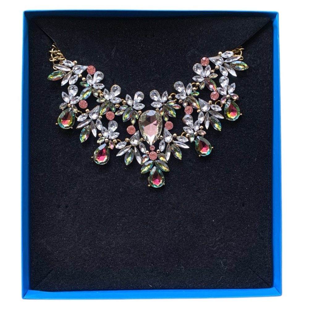 New in Box Rhinestone Colorful Bib Sparkly Ornate Necklace
